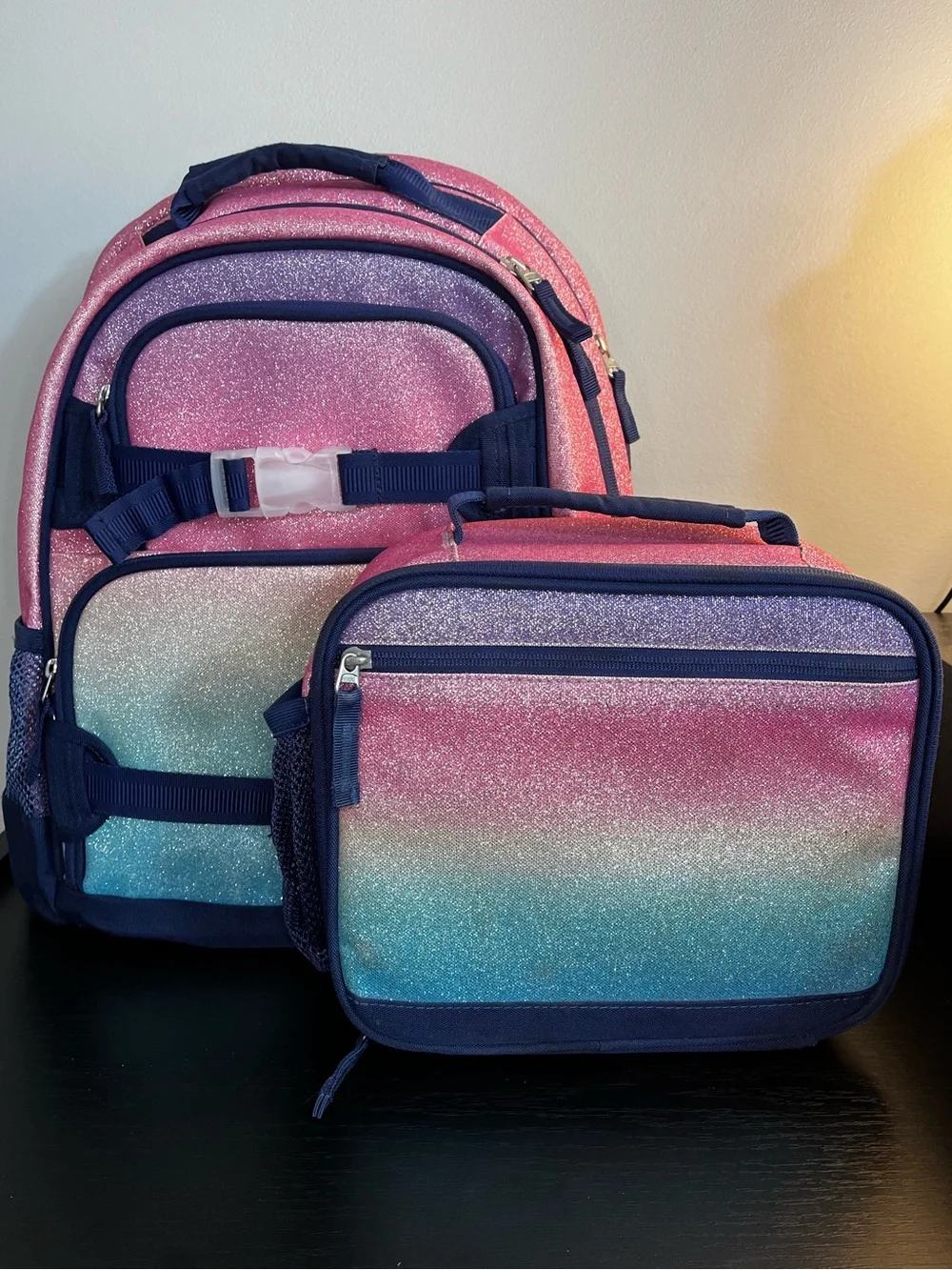 Pottery Barn Glitter Ombre Backpack and Lunchbox Set - Pink, Purple, Blue
